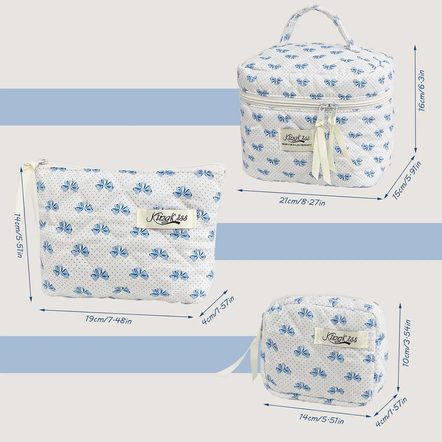 kingkiss 3PCS Cute Checkered Makeup Bag, Coquette Aesthetic Quilted Cotton Cosmetic Bag, Large Capacity Cosmetic Bag, Toiletry Travel Organizer Bag for Women Girls (Blue)