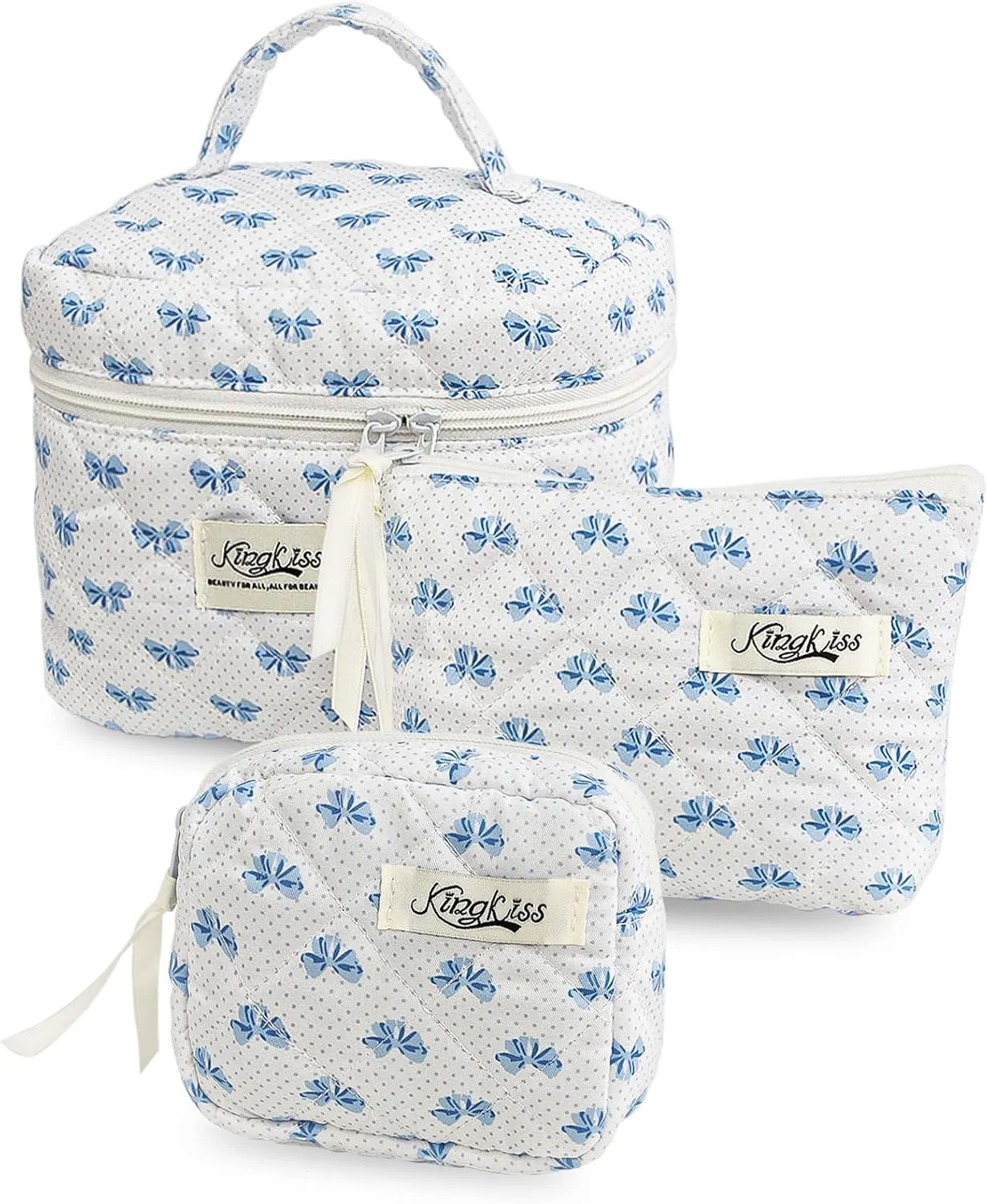 kingkiss 3PCS Cute Checkered Makeup Bag, Coquette Aesthetic Quilted Cotton Cosmetic Bag, Large Capacity Cosmetic Bag, Toiletry Travel Organizer Bag for Women Girls (Blue)