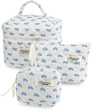 kingkiss 3PCS Cute Checkered Makeup Bag, Coquette Aesthetic Quilted Cotton Cosmetic Bag, Large Capacity Cosmetic Bag, Toiletry Travel Organizer Bag for Women Girls (Blue)