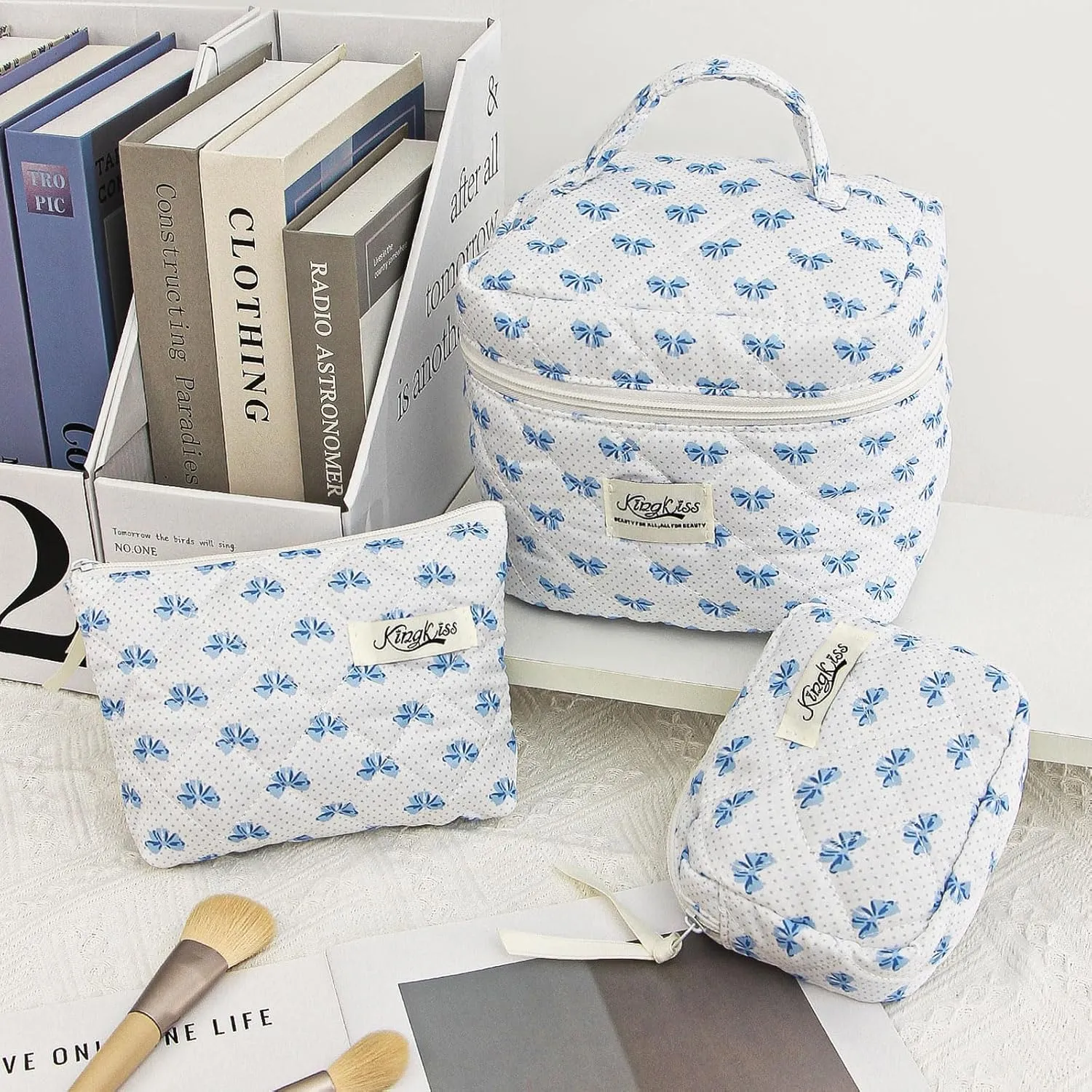 kingkiss 3PCS Cute Checkered Makeup Bag, Coquette Aesthetic Quilted Cotton Cosmetic Bag, Large Capacity Cosmetic Bag, Toiletry Travel Organizer Bag for Women Girls (Blue)