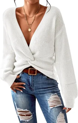 Kisscynest Womens Sweaters 2024 Casual Sexy V Neck Long Sleeve Pullover Sweaters Twsit Knot Knit Cropped Jumper Tops