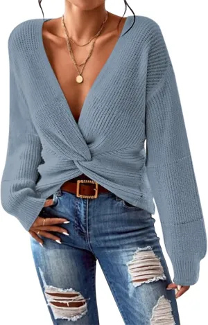 Kisscynest Womens Sweaters 2024 Casual Sexy V Neck Long Sleeve Pullover Sweaters Twsit Knot Knit Cropped Jumper Tops