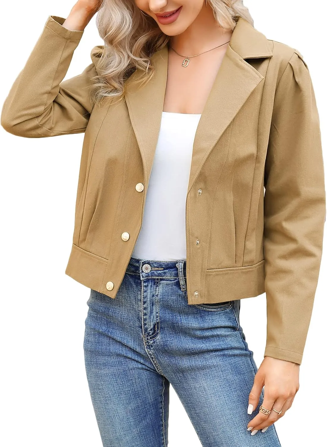 KOJOOIN Women's Denim Jackets Cropped Blazer Puff Long Sleeve Casual Coat Notch Lapel Jean Coats