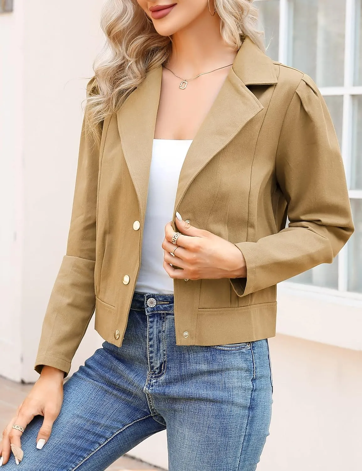 KOJOOIN Women's Denim Jackets Cropped Blazer Puff Long Sleeve Casual Coat Notch Lapel Jean Coats