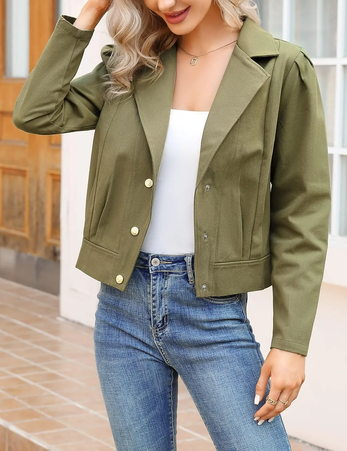 KOJOOIN Women's Denim Jackets Cropped Blazer Puff Long Sleeve Casual Coat Notch Lapel Jean Coats