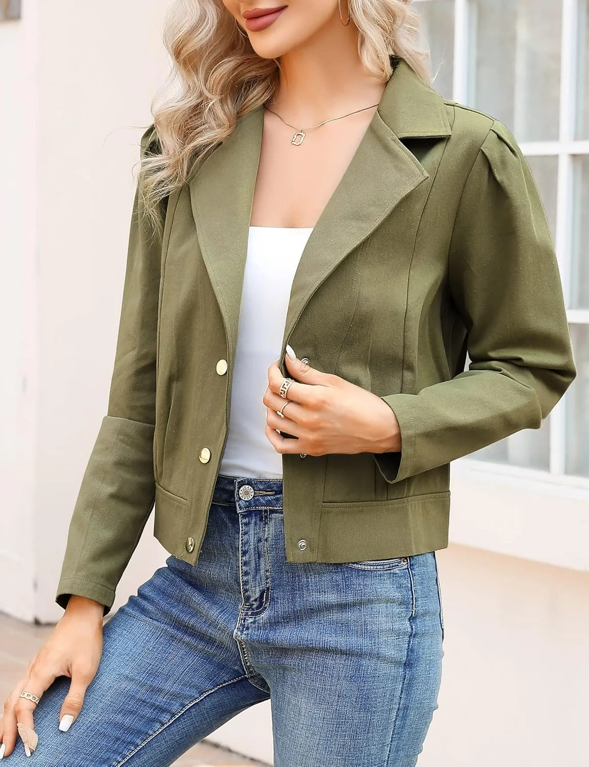 KOJOOIN Women's Denim Jackets Cropped Blazer Puff Long Sleeve Casual Coat Notch Lapel Jean Coats