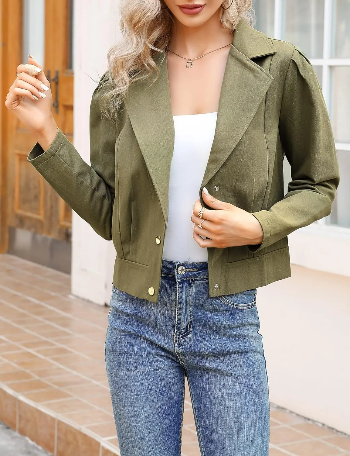 KOJOOIN Women's Denim Jackets Cropped Blazer Puff Long Sleeve Casual Coat Notch Lapel Jean Coats