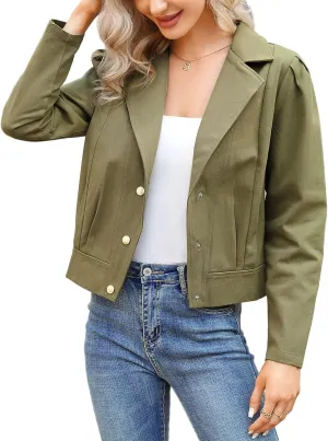 KOJOOIN Women's Denim Jackets Cropped Blazer Puff Long Sleeve Casual Coat Notch Lapel Jean Coats