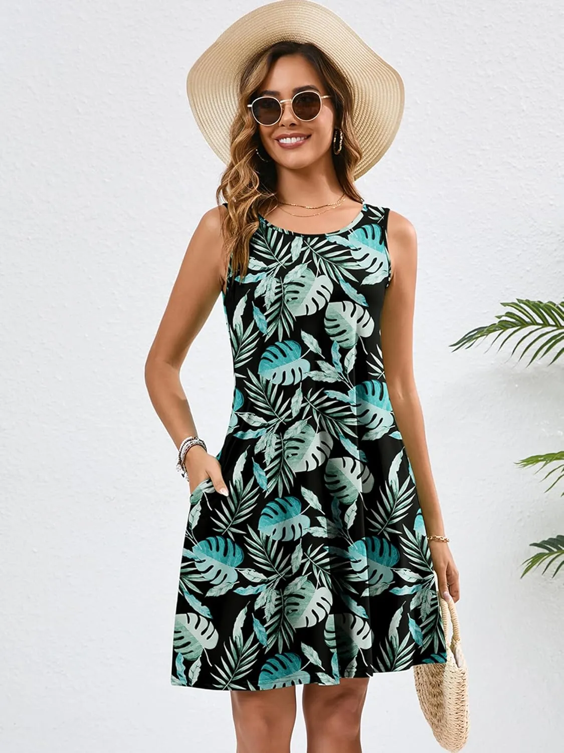 KORSIS Summer Dresses for Women Casual T Shirt Tank Dresses Sleeveless Swing Flowy Ladies Beach Vacation Sundress with Pocket