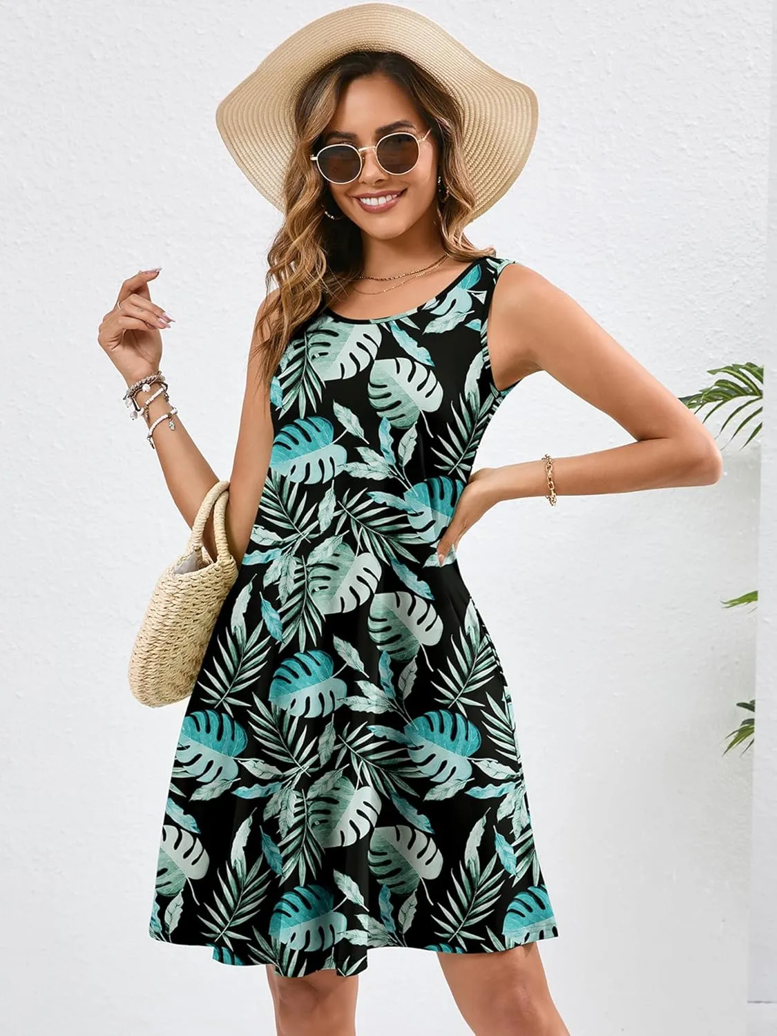 KORSIS Summer Dresses for Women Casual T Shirt Tank Dresses Sleeveless Swing Flowy Ladies Beach Vacation Sundress with Pocket