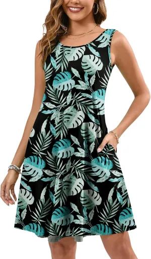KORSIS Summer Dresses for Women Casual T Shirt Tank Dresses Sleeveless Swing Flowy Ladies Beach Vacation Sundress with Pocket