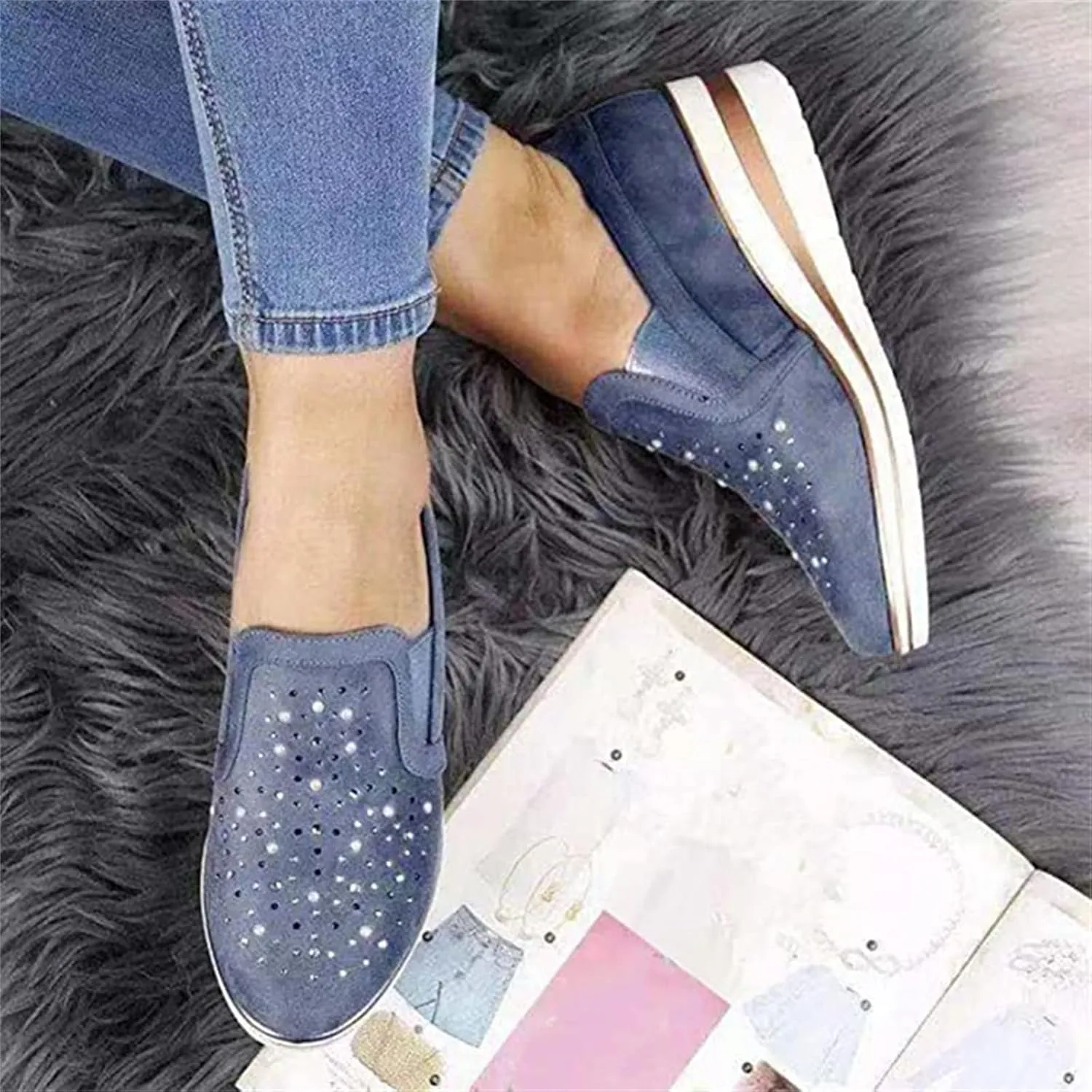 Ladmiple Sneakers For Women Walking Shoes Wide Width Glitter Shoes Slip On Casual Dressy Summer Fashion Flats Loafers