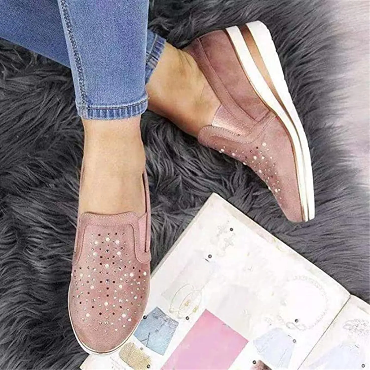 Ladmiple Sneakers For Women Walking Shoes Wide Width Glitter Shoes Slip On Casual Dressy Summer Fashion Flats Loafers