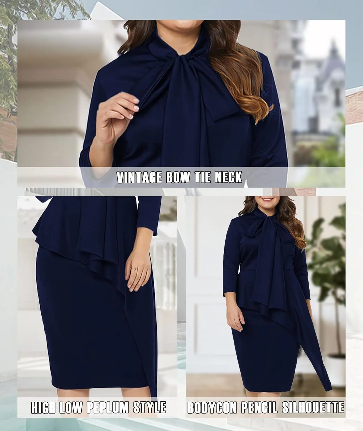 LALAGEN Women's Plus Size Long Sleeve Peplum Tie Neck Bodycon Pencil Midi Dress