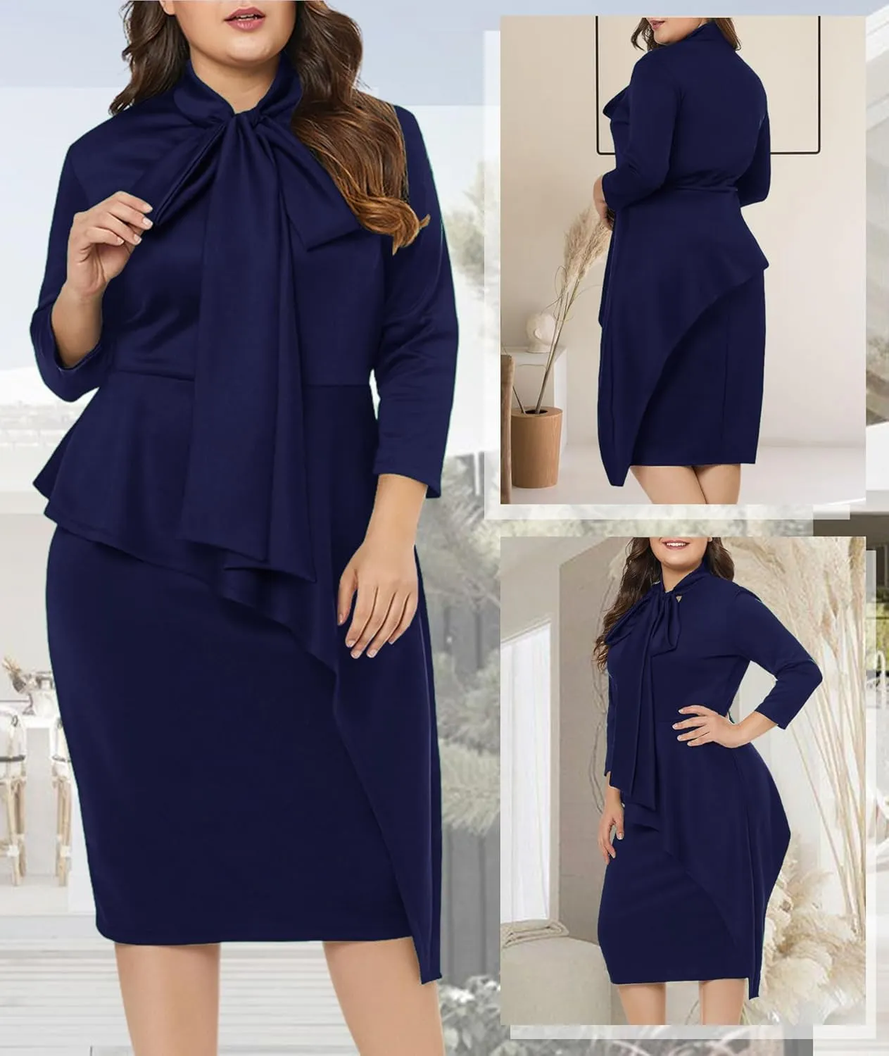 LALAGEN Women's Plus Size Long Sleeve Peplum Tie Neck Bodycon Pencil Midi Dress