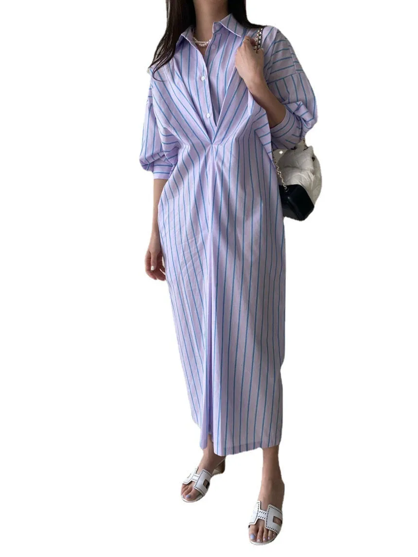 Lapel Collar Contrast Striped Pleated Long-Sleeve Shirt Dress