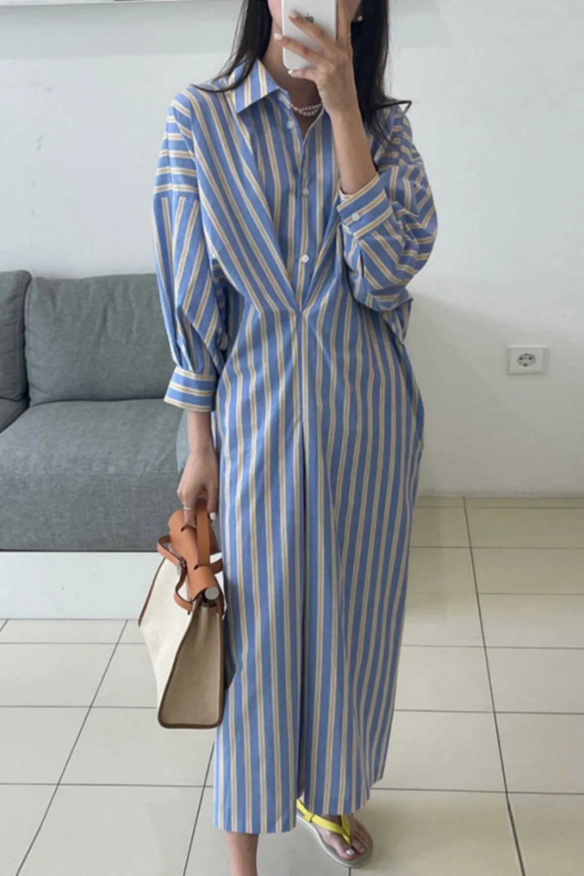 Lapel Collar Contrast Striped Pleated Long-Sleeve Shirt Dress
