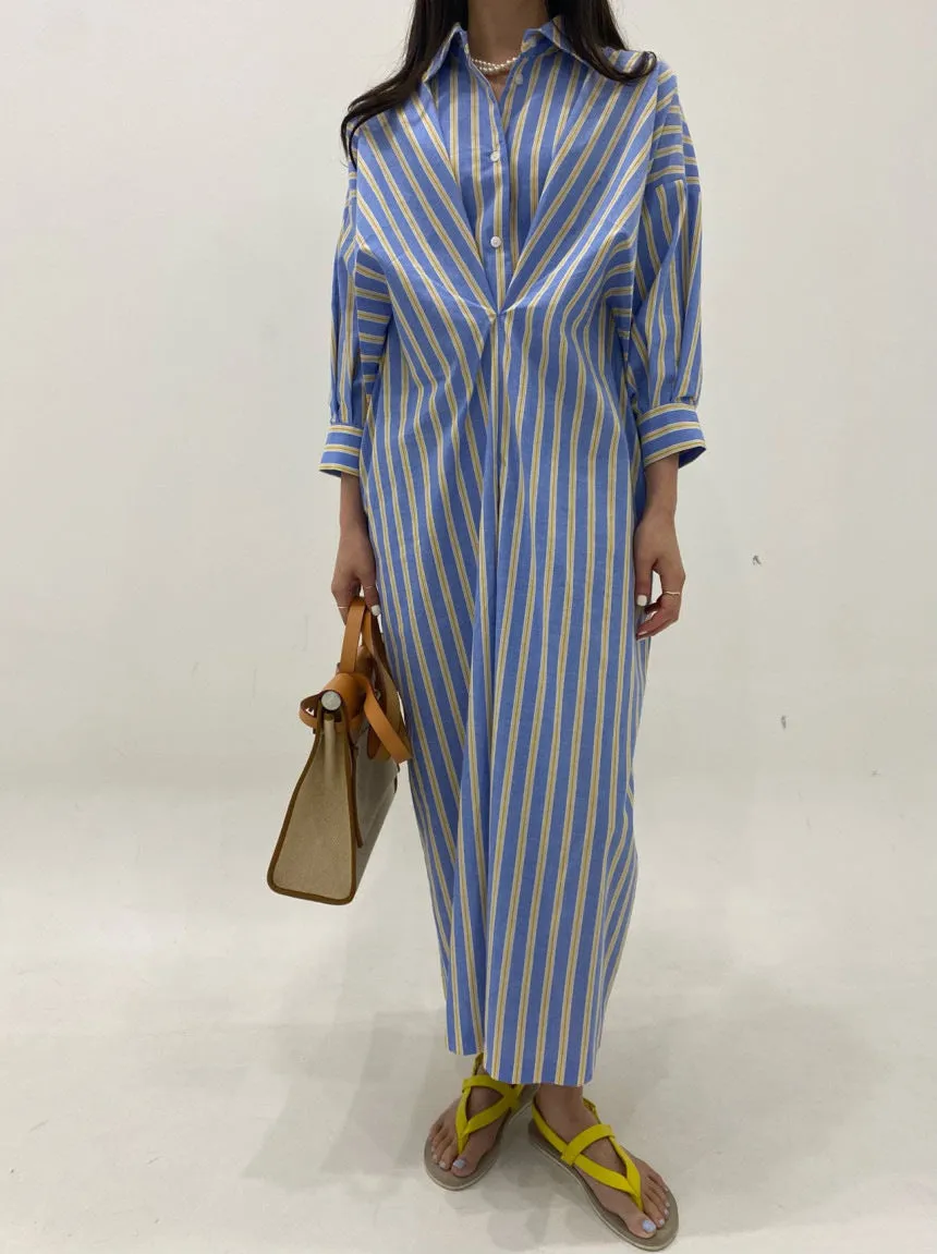 Lapel Collar Contrast Striped Pleated Long-Sleeve Shirt Dress