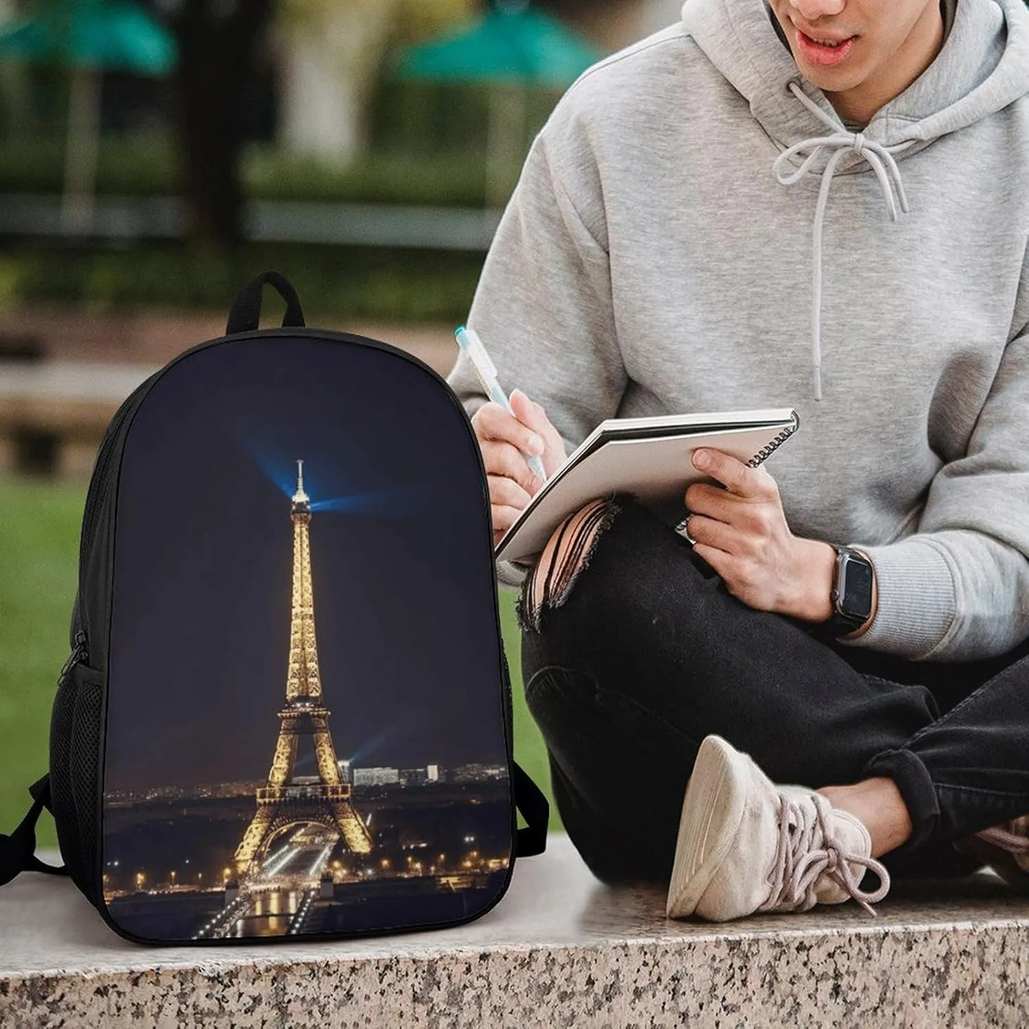 Laptop Backpack Casual Daypack Waterproof Eiffel Tower in Paris at Night Computer Bag Business Work Bag for Travel, 17inch