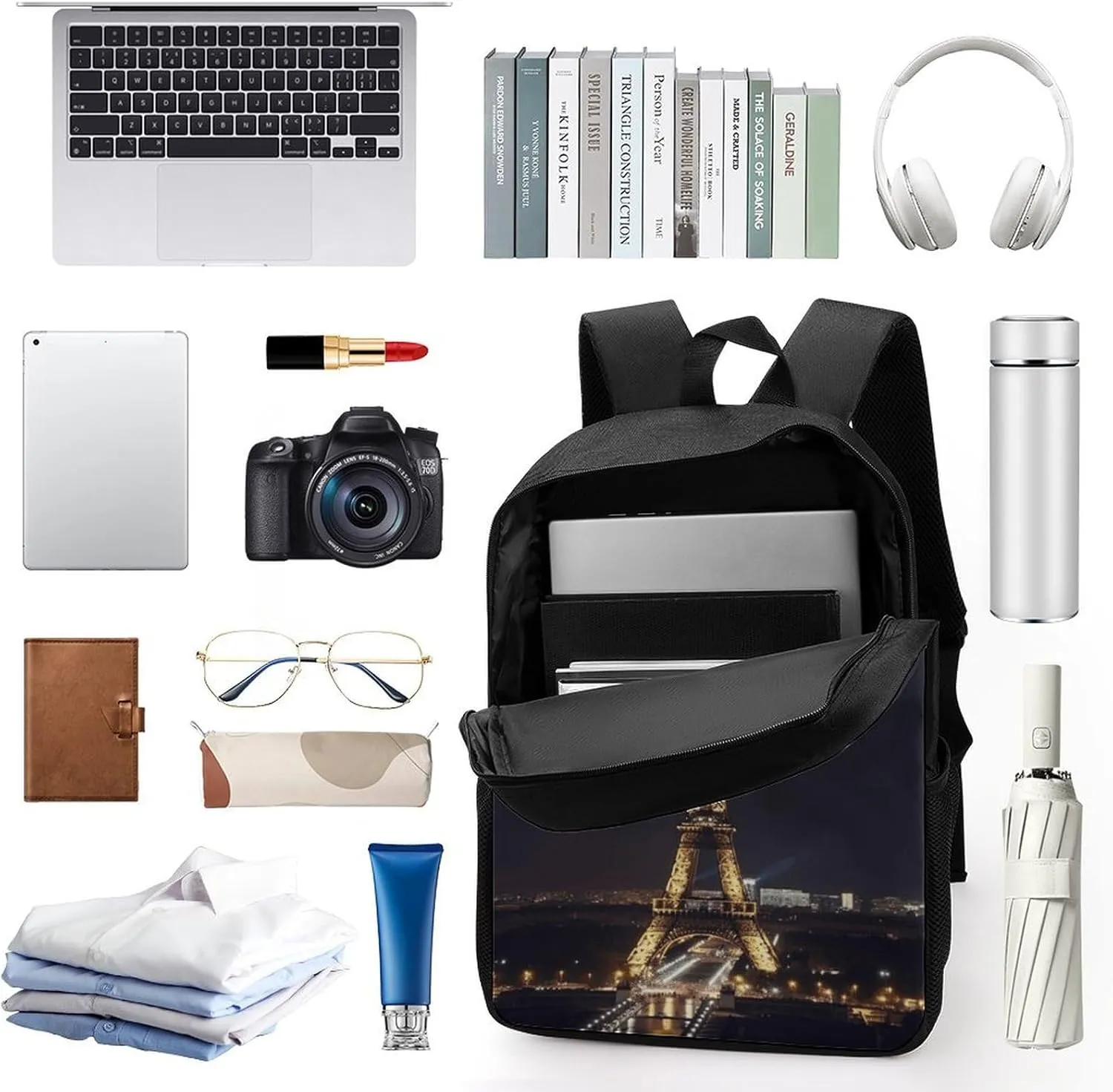 Laptop Backpack Casual Daypack Waterproof Eiffel Tower in Paris at Night Computer Bag Business Work Bag for Travel, 17inch