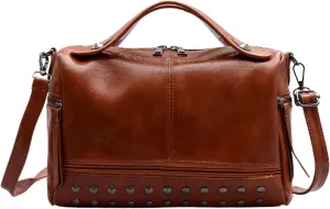 Large Crossbody Bag Y2k Satchel Women Studded Purse Vintage Leather Tote Bags (Brown)