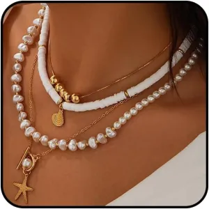 Layered Gold Pearl Choker Necklaces Set for Women Stackable Starfish Shell Pendant Necklaces Chunky Adjustable Heishi Necklaces Jewelry Accessories
