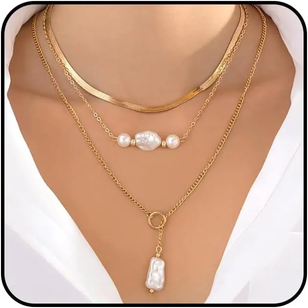 Layered Gold Pearl Pendant Necklaces Set for Women Dainty Snake Bone Chain Choker Necklaces Baroque Pearl Beaded Necklaces Jewelry Accessories