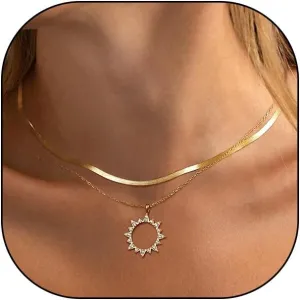 Layered Gold Sun Pendant Necklaces Set for Women Stackable CZ Sun Snake Bone Chain Necklaces Adjustable Herringbone Necklaces Jewelry Accessories
