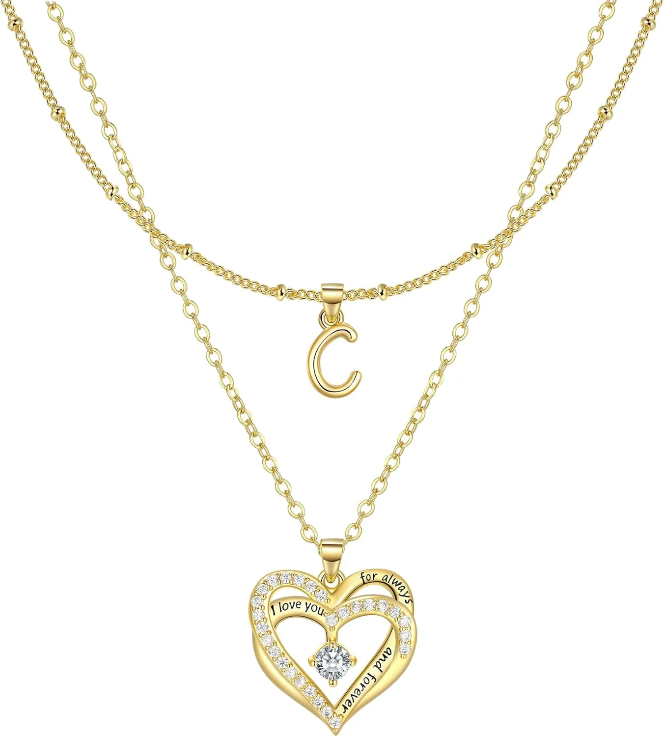 Layered Heart Necklaces for Women, 14k Gold Plated Layering Cubic Zirconia Heart Pendant Initial A-Z Choker Necklaces, Adjustable Chain Necklaces Jewelry Gift for Women Wife Mom