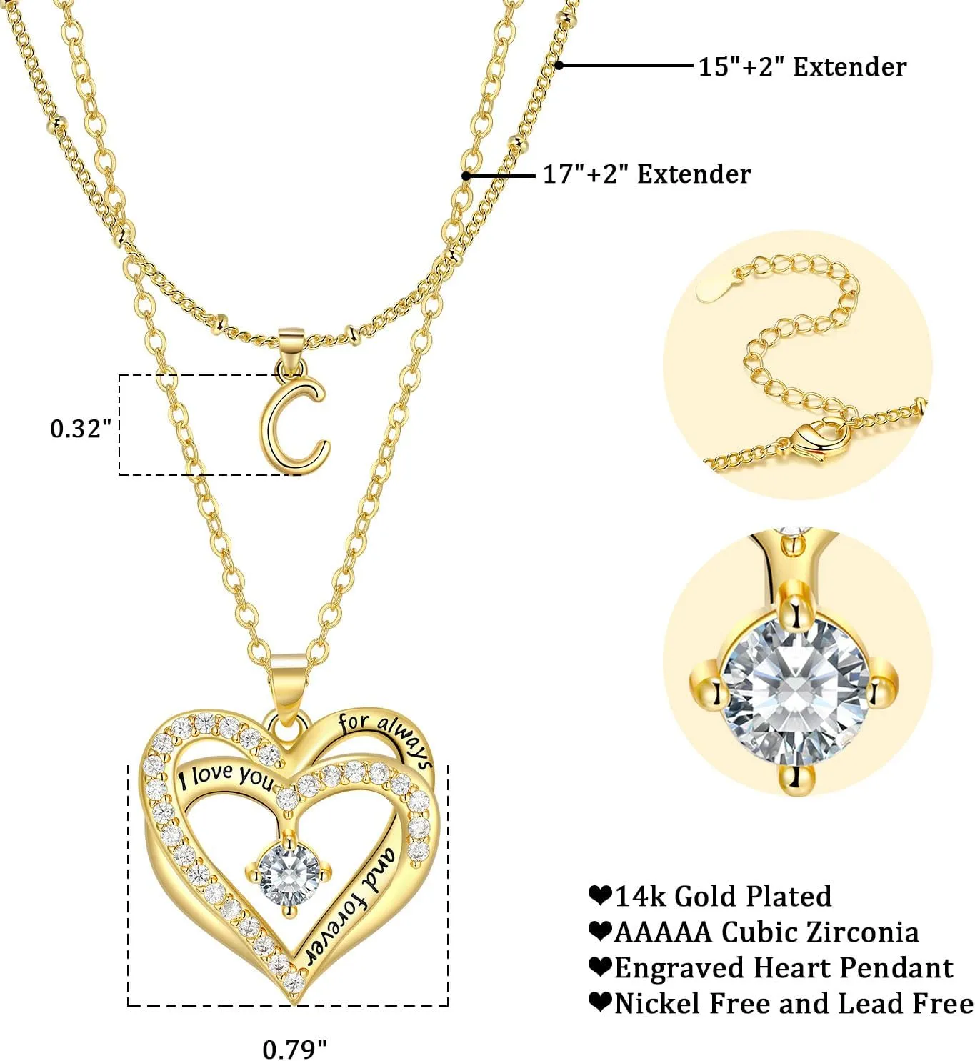 Layered Heart Necklaces for Women, 14k Gold Plated Layering Cubic Zirconia Heart Pendant Initial A-Z Choker Necklaces, Adjustable Chain Necklaces Jewelry Gift for Women Wife Mom