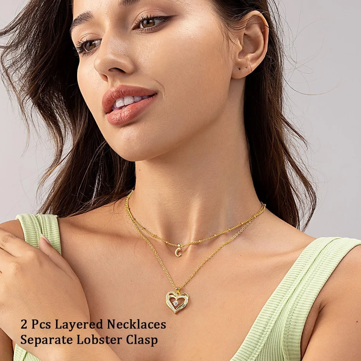 Layered Heart Necklaces for Women, 14k Gold Plated Layering Cubic Zirconia Heart Pendant Initial A-Z Choker Necklaces, Adjustable Chain Necklaces Jewelry Gift for Women Wife Mom