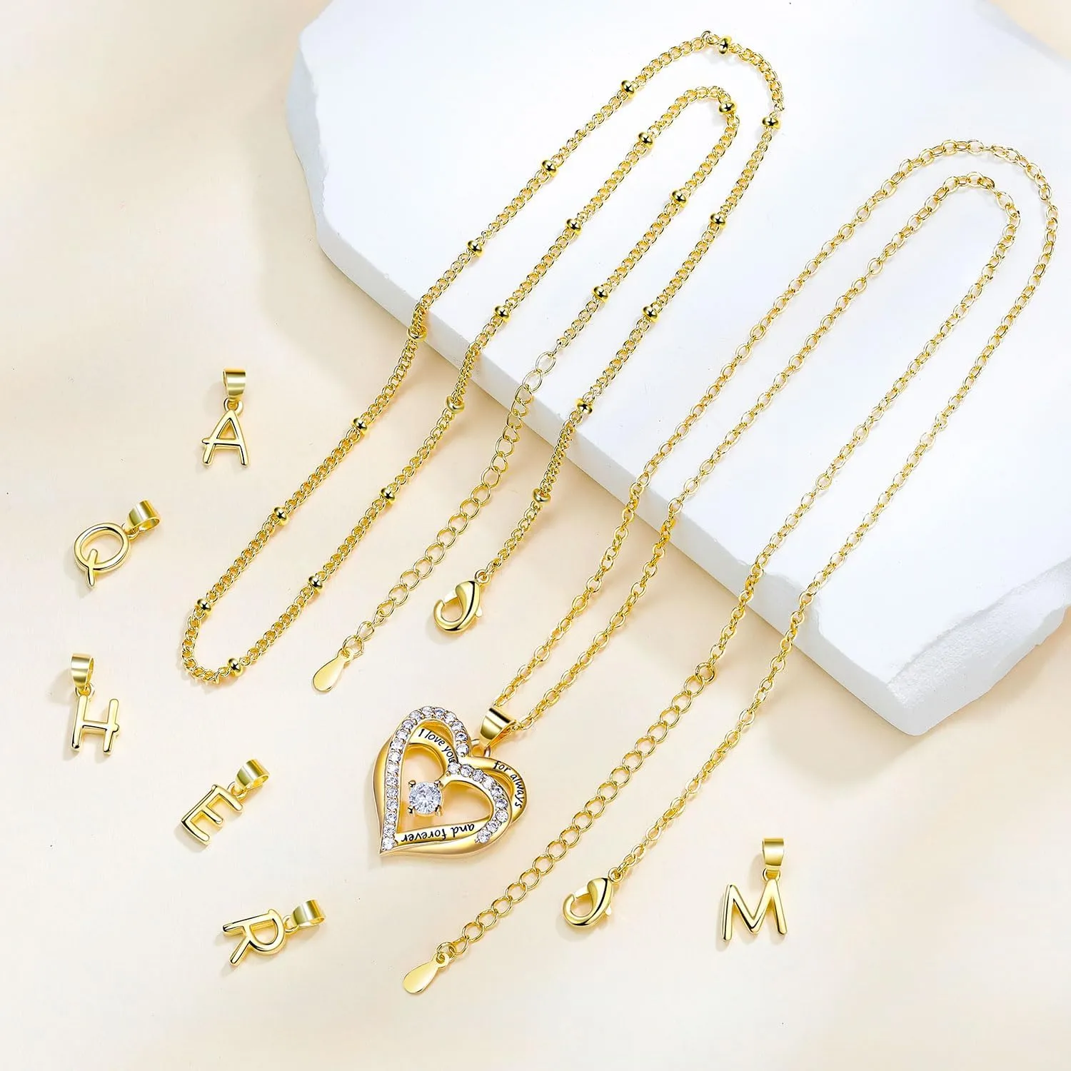 Layered Heart Necklaces for Women, 14k Gold Plated Layering Cubic Zirconia Heart Pendant Initial A-Z Choker Necklaces, Adjustable Chain Necklaces Jewelry Gift for Women Wife Mom