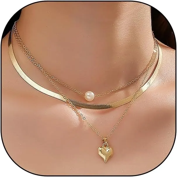 Layered Heart Pearl Pendant Necklaces for Women Dainty Gold Herringbone Chain Choker Necklaces Stackable Link Bead Necklaces Jewelry Gift