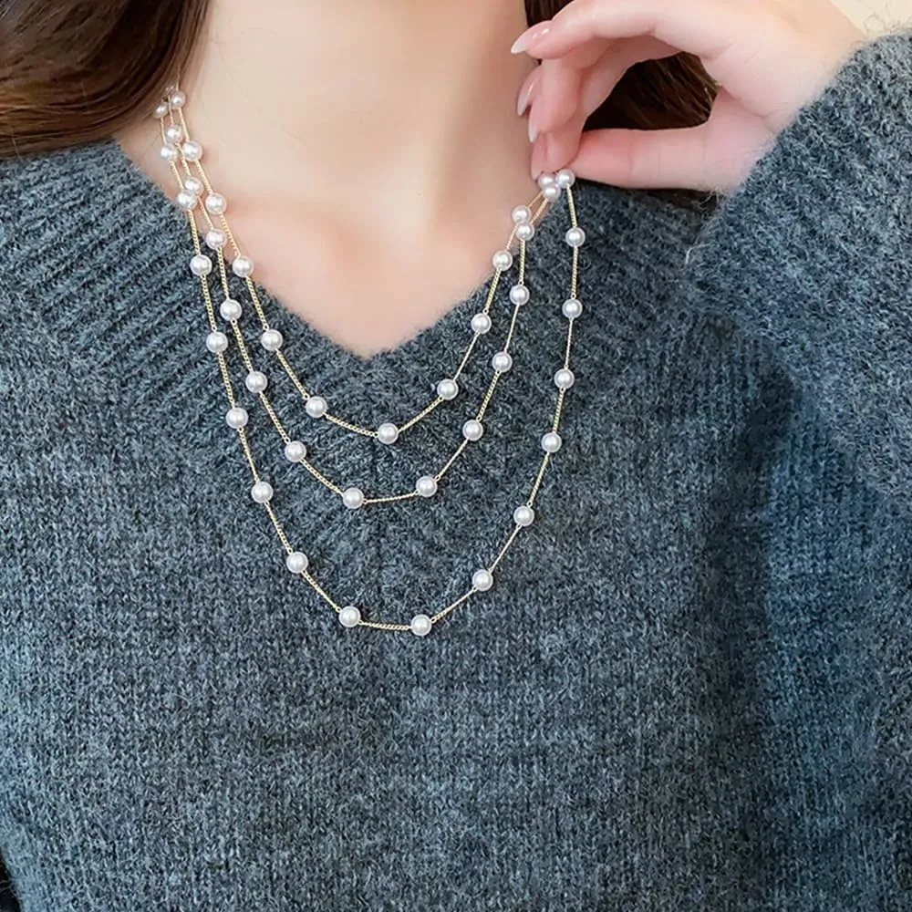 Layered Long Gold Pearls Choker Necklaces for Women Stackable Simple Pearl Chain Necklaces Beads Link Clavicle Necklaces Wedding Jewelry Accessories
