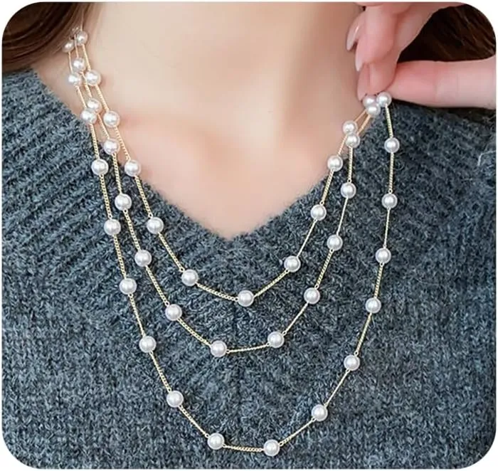 Layered Long Gold Pearls Choker Necklaces for Women Stackable Simple Pearl Chain Necklaces Beads Link Clavicle Necklaces Wedding Jewelry Accessories