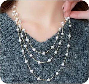 Layered Long Gold Pearls Choker Necklaces for Women Stackable Simple Pearl Chain Necklaces Beads Link Clavicle Necklaces Wedding Jewelry Accessories