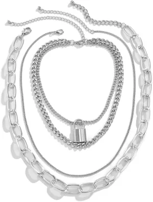 Layered Necklaces for Women, Dainty Layered Necklaces for Women Punk Retro Lock Pendant Chain Necklaces Women Jewelry, 4 Pieces, Silver