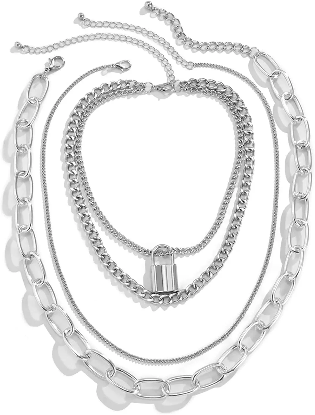 Layered Necklaces for Women, Dainty Layered Necklaces for Women Punk Retro Lock Pendant Chain Necklaces Women Jewelry, 4 Pieces, Silver