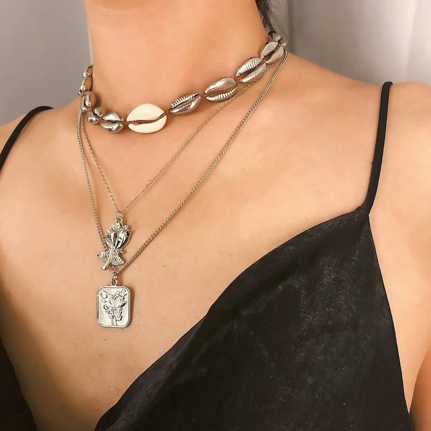 Layered Necklaces for Women, Layered Necklaces for Women Scallop Shell Multilayer Chain Pendant Chain Necklaces for Women Girls, 3 Pieces
