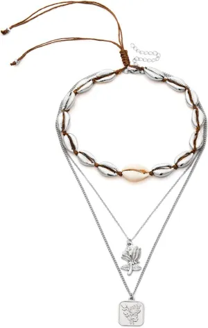 Layered Necklaces for Women, Layered Necklaces for Women Scallop Shell Multilayer Chain Pendant Chain Necklaces for Women Girls, 3 Pieces