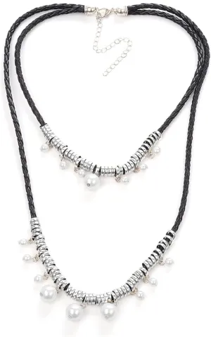Layered Necklaces for Women, Layered Necklaces for Women Weave Pearl Pendant Chain Necklaces for Women Girls, 2 Layers, Silver, 50CM