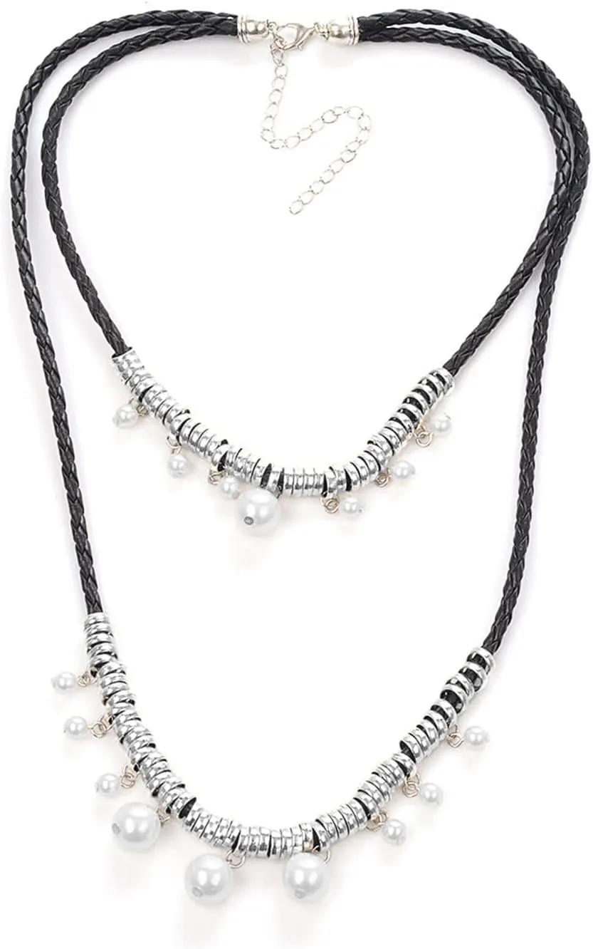 Layered Necklaces for Women, Layered Necklaces for Women Weave Pearl Pendant Chain Necklaces for Women Girls, 2 Layers, Silver, 50CM