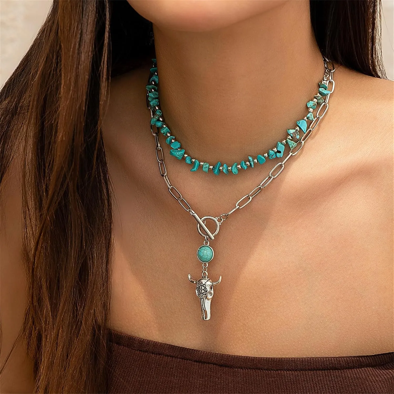 Layered Western Necklaces for Women Vintage Turquoise Beaded Western Choker Necklaces Set Ox-head Cactus Cross Chain Necklaces Dainty Jewelry