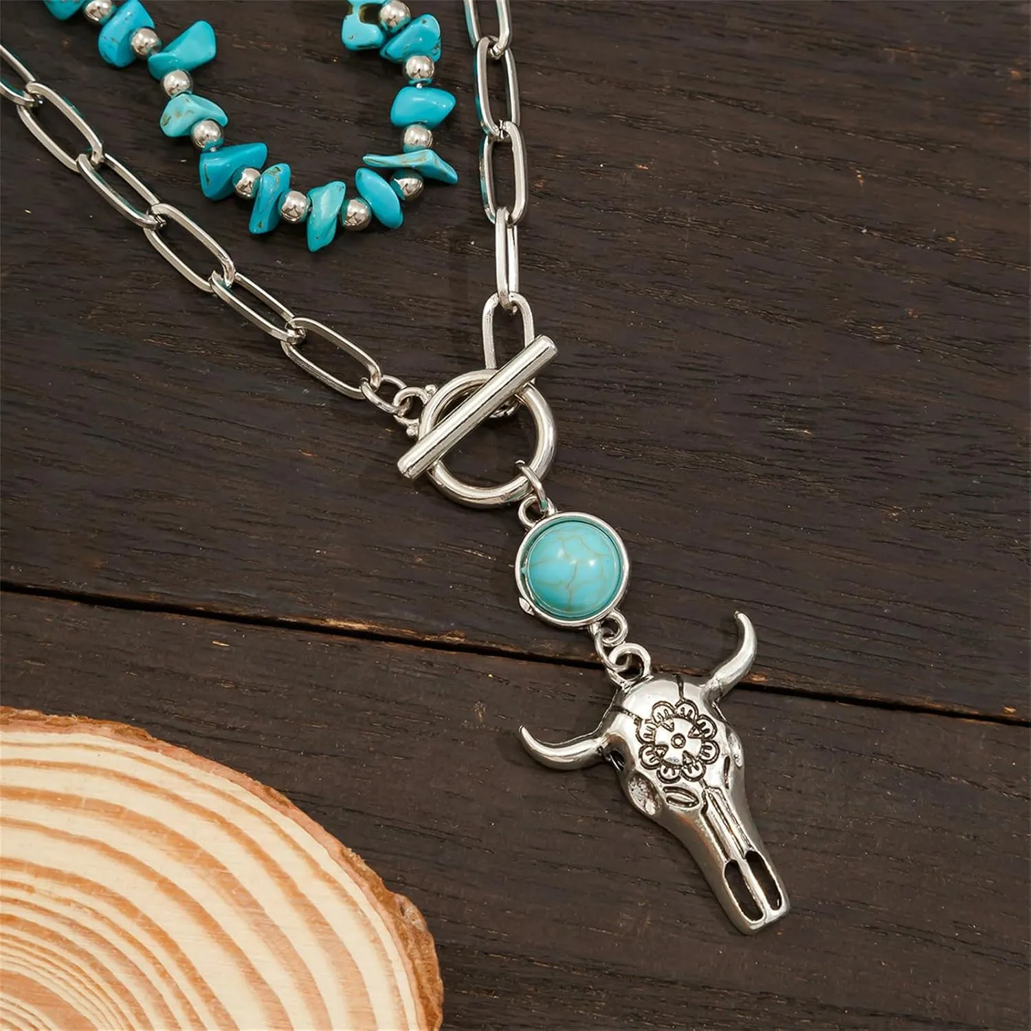 Layered Western Necklaces for Women Vintage Turquoise Beaded Western Choker Necklaces Set Ox-head Cactus Cross Chain Necklaces Dainty Jewelry