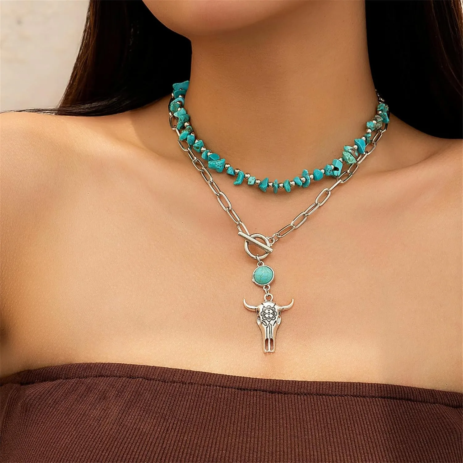 Layered Western Necklaces for Women Vintage Turquoise Beaded Western Choker Necklaces Set Ox-head Cactus Cross Chain Necklaces Dainty Jewelry