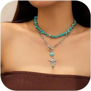 Layered Western Necklaces for Women Vintage Turquoise Beaded Western Choker Necklaces Set Ox-head Cactus Cross Chain Necklaces Dainty Jewelry