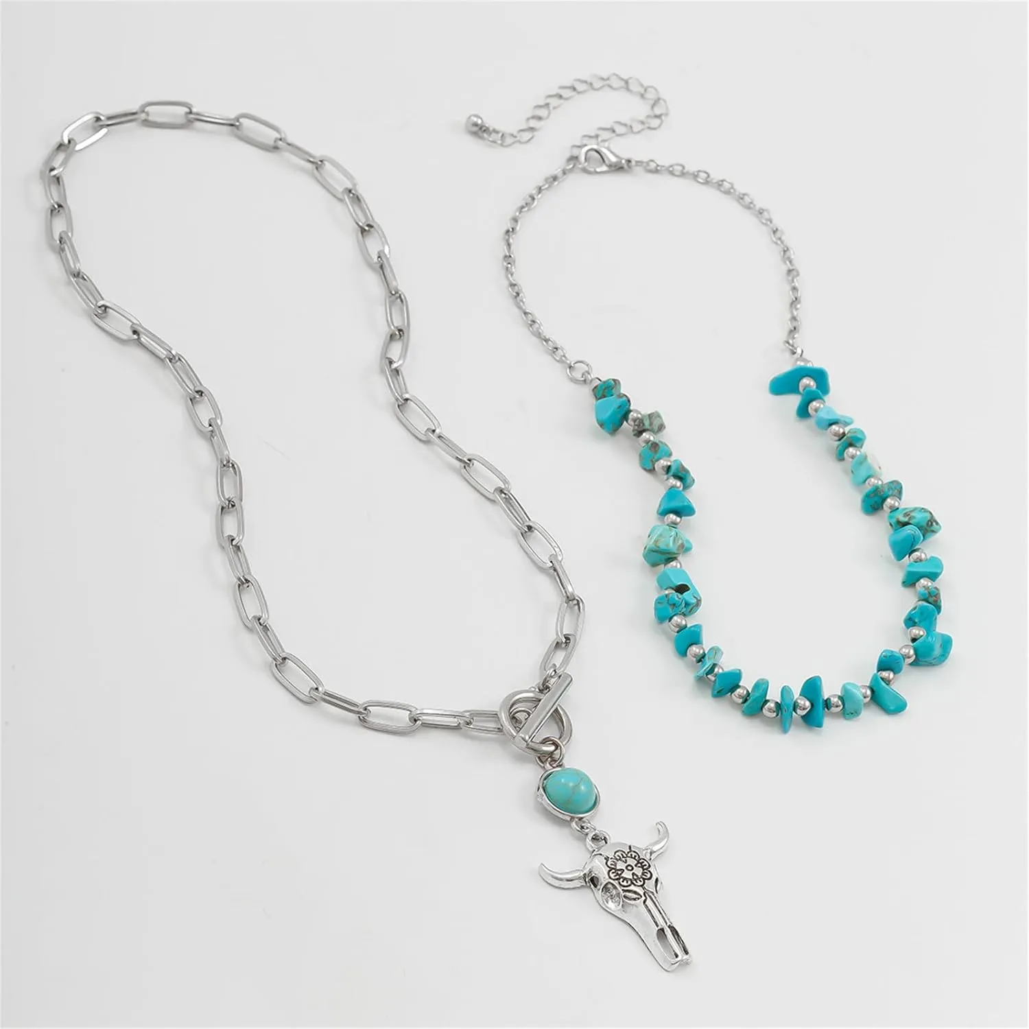 Layered Western Necklaces for Women Vintage Turquoise Beaded Western Choker Necklaces Set Ox-head Cactus Cross Chain Necklaces Dainty Jewelry