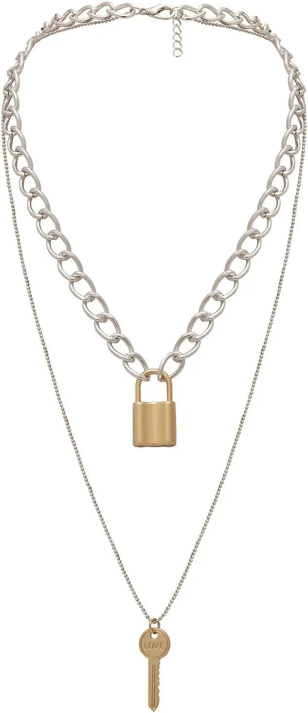Layering Necklaces, Dainty Layering Necklaces for Women Love Lock Key Pendant Chain Necklaces Jewelry Gifts, 2 Layers, Silver Gold, 48CM