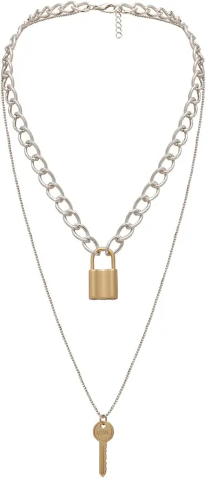 Layering Necklaces, Dainty Layering Necklaces for Women Love Lock Key Pendant Chain Necklaces Jewelry Gifts, 2 Layers, Silver Gold, 48CM