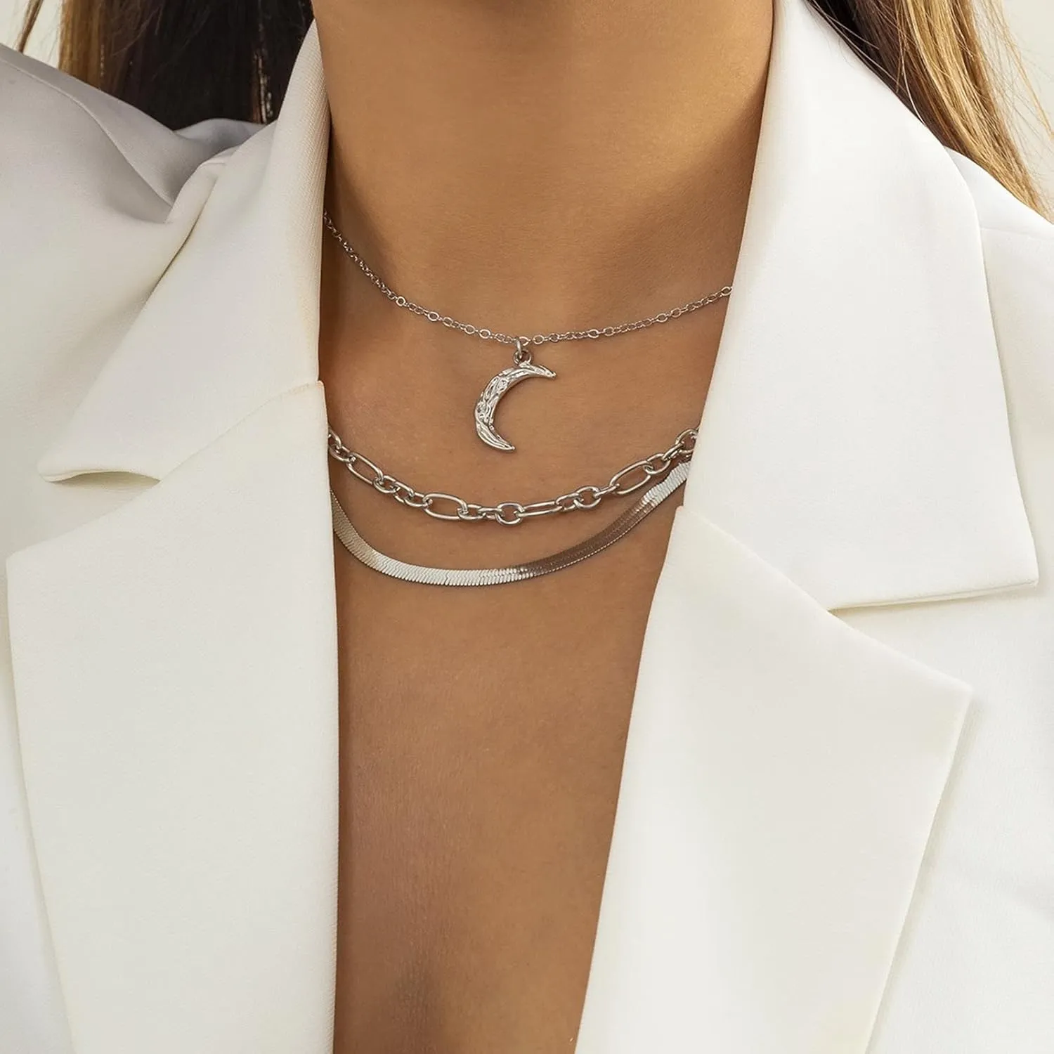Layering Necklaces, Dainty Layering Necklaces for Women Moon Snake Chain Pendant Chain Necklaces Jewelry Gifts for Birthday Wedding, 3 Pieces